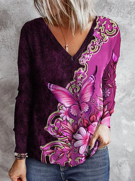 

Butterfly V neck Regular Fit Casual Shirts & Tops, Purple, Tops