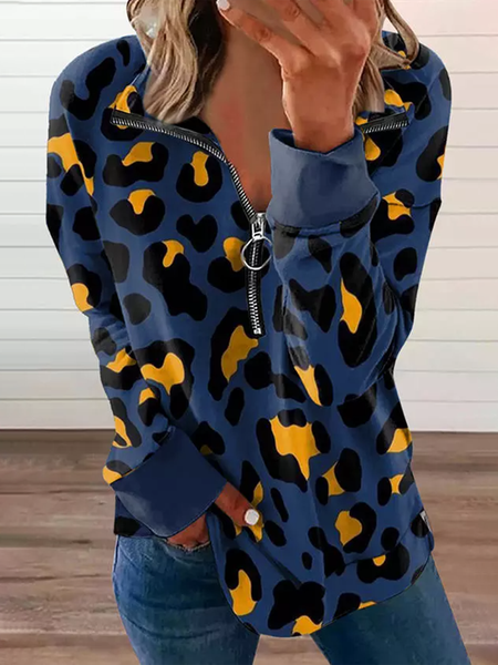 

Zipper Leopard Print Holiday Casual Long Sleeve Tops, Blue, Tops