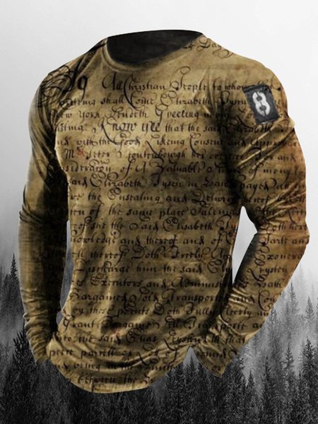 

Men's Letter Pattern Casual Round Neck Long Sleeve Tee, T-shirt