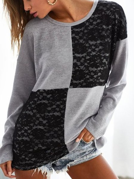 

Lace Casual Loosen Solid Crew Neck Long sleeve Shirts & Tops, Gray, Tops