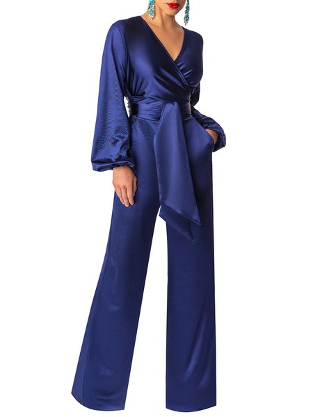 

Solid V Neck Regular Fit Jumpsuit & Romper, Blue, Jumpsuits