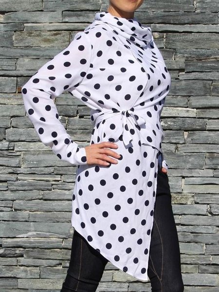 

Long sleeve Elegant Polka Dots Cowl Neck Top, White, Blouses and Shirts