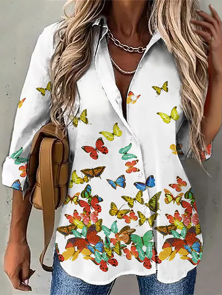 

Butterfly Cotton Blends Regular Fit Casual Vacation Shirts & Tops, White, Shirts & Blouses