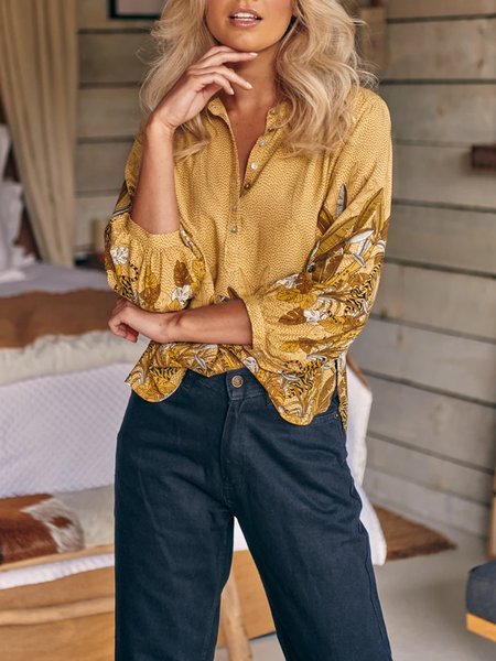 

Botanical floral print polka dot temperament holiday style casual blouse, Multicolor, Shirts & Blouses