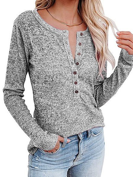 

V Neck Casual Regular Fit Solid Knitted Shirts & Tops, Light gray, Tops