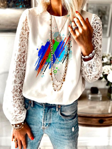 

Lace Striped Crew Neck Casual Shirts & Tops, White, Tops