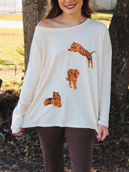 

Featured tiger print design spring and summer blouse, White, Tops
