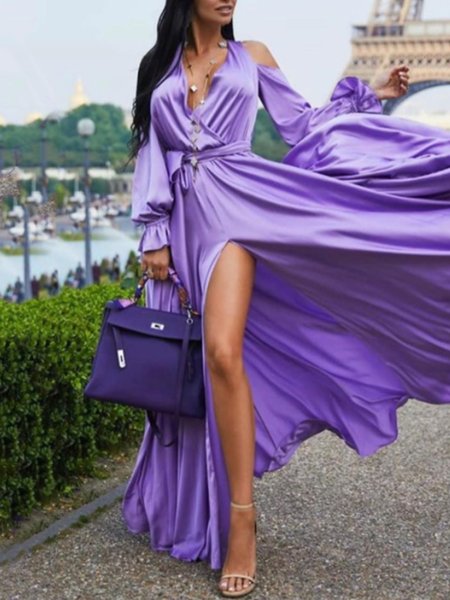 

Elegant Long Sleeve Regular Fit V Neck Maxi Dress, Purple, Maxi Dresses