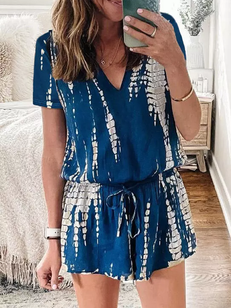

Tie Dye Drawstring Elastic Waist Short Sleeve V-Neck Casual Romper, Blue, Jumpsuits＆Rompers