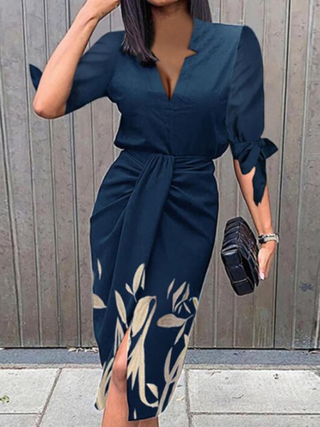 Elegant Three Quarter Slim Fit Floral Printed Dress, Navy blue, Midi Dresses