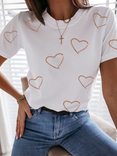 Valentine's Day Love Printed Casual Round Neck Loosen Shirts & Tops, White, T-Shirts