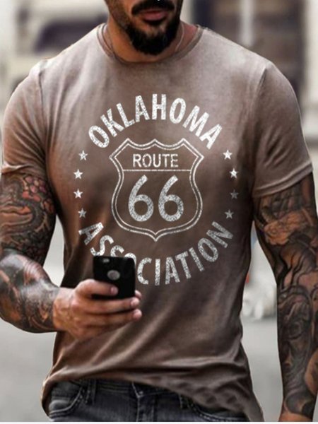 

Route 66 Cultural Elements Graphic Print Round Neck Short Sleeve Tee, Khaki, T-shirt