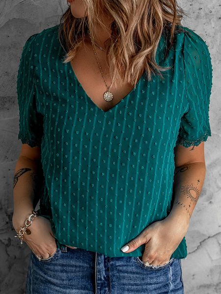 Casual Solid Swiss Dot Lace V Neck Shirt & Tops, Green, Tops