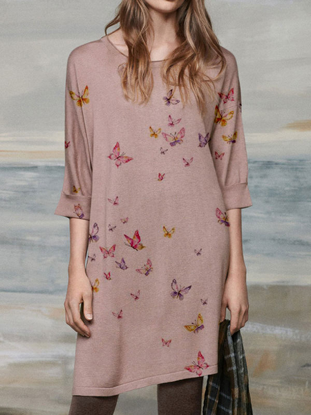 

Cotton Blends Casual Crew Neck Dresses, Pink, Mini Dresses
