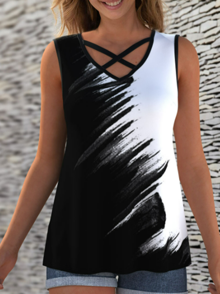 

Short sleeve V-neck geometric solid color gradient top T-shirt vest Plus Size cross, Black-white, Tank Tops & Camis