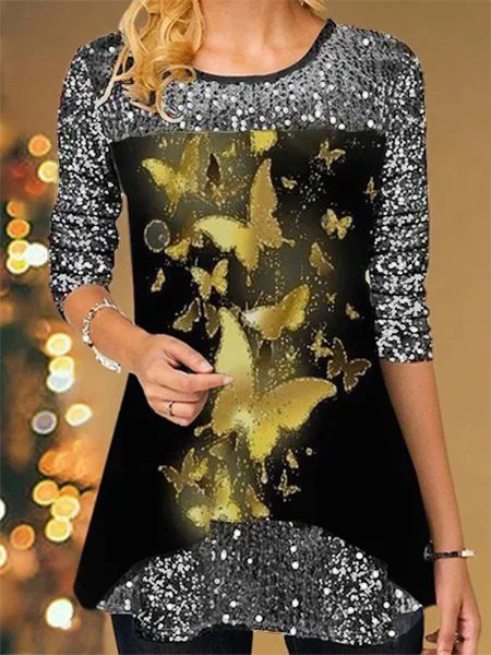 

Butterflies Color-block Pattern 3/4 Sleeves Crew Neck Plus Size Casual Women Tunic Tops, Multicolor, Tops