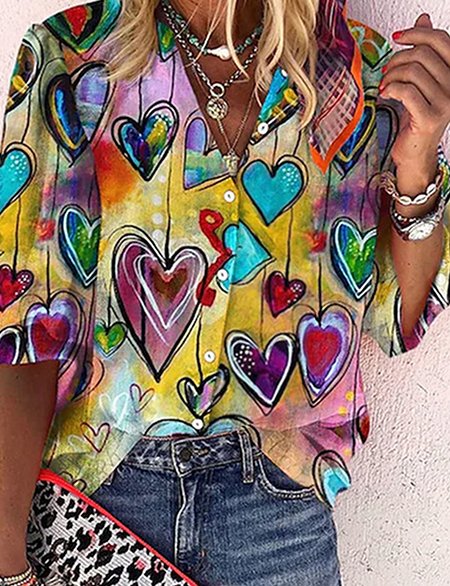 

Valentine's Day Love Pattern Casual Loosen Cartoon Blouse, Multicolor, Shirts & Blouses