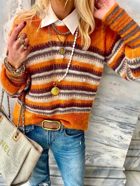 

Crew Neck Loosen Casual Sweater, Orange, Knitwear & Sweaters