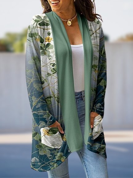 

Leaves Pockets Long Sleeves Plus Size Casual Women Cardigan, Multicolor, Outerwear