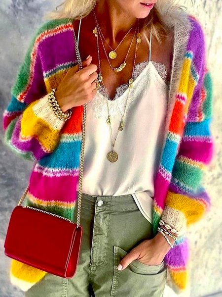 

Loosen Striped Yarn/Wool Yarn Outerwear, Multicolor, Cardigans