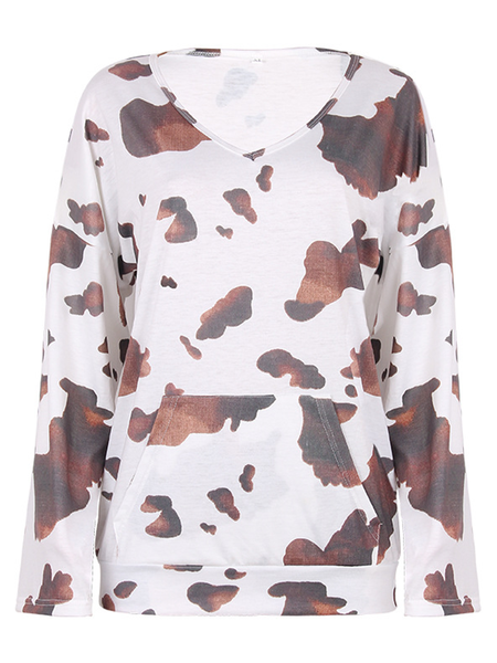 

Women's loose casual all-match printed long-sleeved top T-shirt, White, T-Shirts