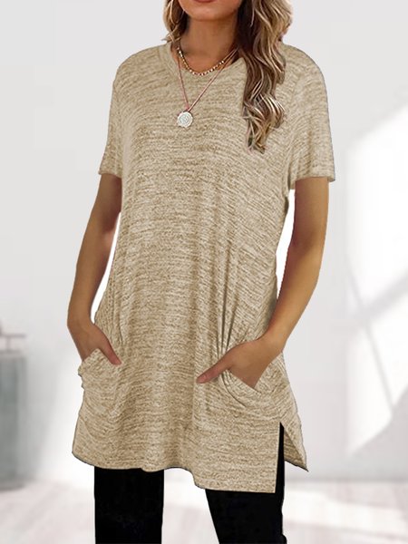 

Casual Pockets Cotton Blends T-shirt, Khaki, T-Shirts