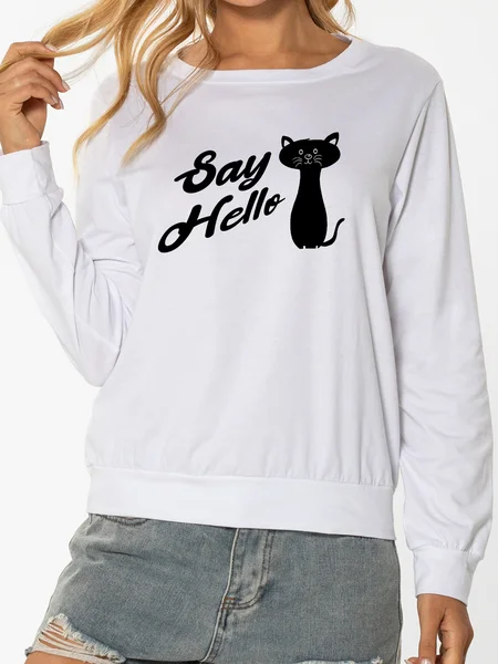 

Unocis Cat Print Round Neck Long Sleeve Sweatshirt, White, Sweatshirts
