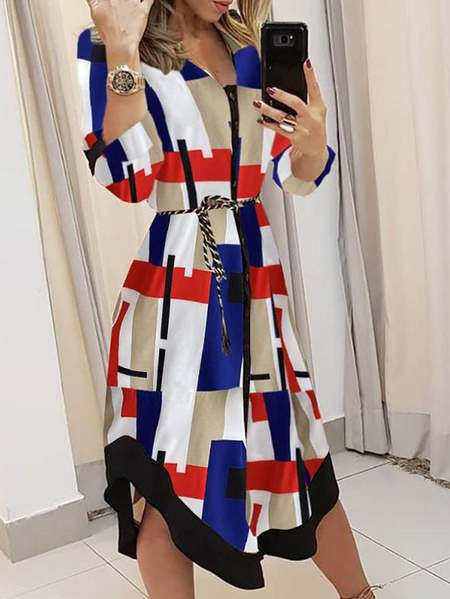 

Cotton Blends Lapel Geometric Dresses, Blue, Casual Dresses