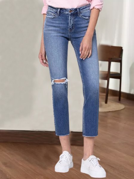 

Casual washed jeans with holes, Blue, Jeans