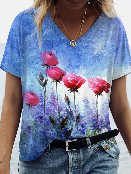 

Vacation Loosen V Neck Floral Shirts & Tops, Blue, Tops