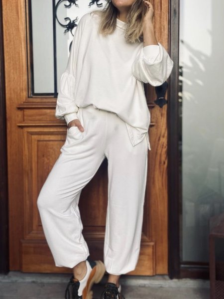 

Loosen Simple Solid Puff Sleeve Two Piece Sets, White, Two-piece Outfits