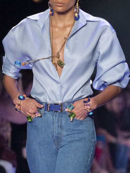 

Long sleeve Simple Plain Regular Fit Shirt, Blue, Blouses and Shirts