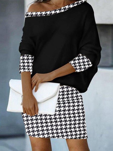 

Houndstooth Off Shoulder Long Sleeve Mini Dresses, Black, Mini Dresses