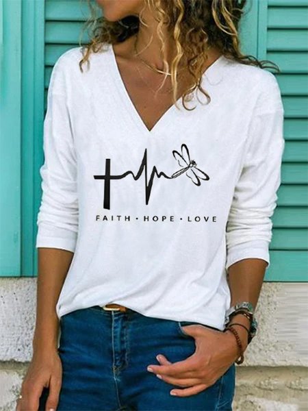 

Dragonfly Long Sleeve V Neck Casual T-shirt, White, T-Shirts