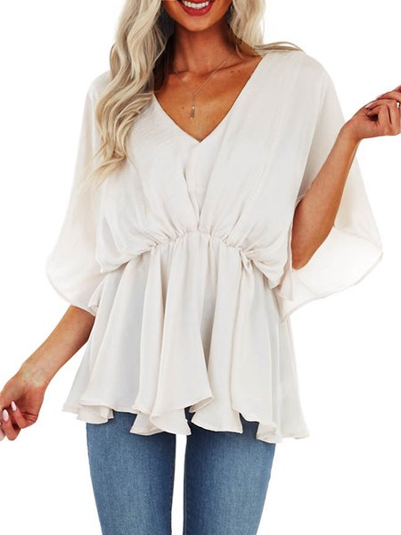 

Batwing Casual Cotton Blends Tops, Beige, Tops