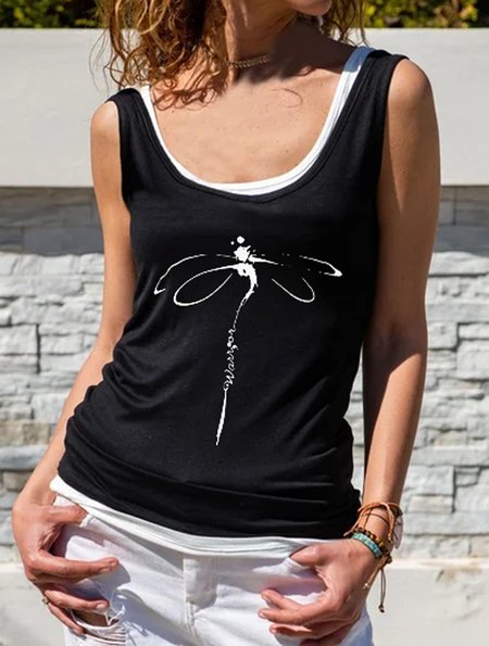 

Casual Crew Neck Dragonfly Vests, Black, Tanks & Camis