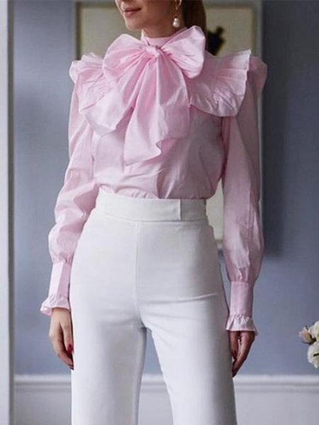 

Lady Long Sleeve Solid Regular Fit Tie Neck Shirt, Pink, Blouses and Shirts