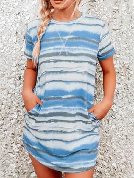

Short sleeve crew neck geometric stripe gradient loose short dress Plus Size, Blue, Casual Dresses