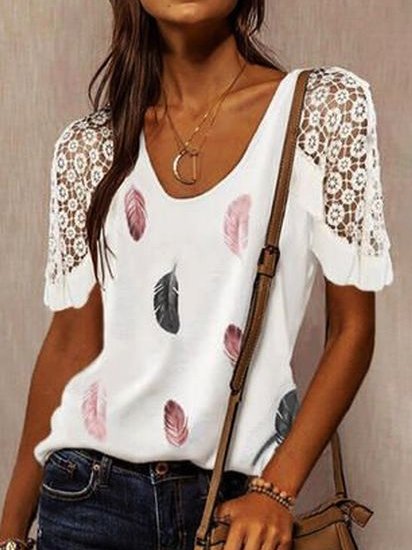 

Crew Neck Feather Cotton Blends Shirts & Tops, White, Tees & T-shirts