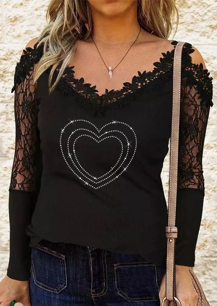 

Valentine's Day Casual V Neck Guipure Shirts & Tops, Black, Tops