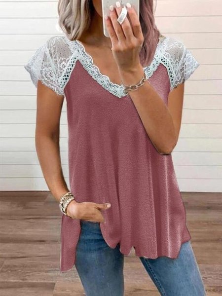 

Casual V Neck Loosen Lace stitching Shirts & Tops, Pink, Tees & T-shirts