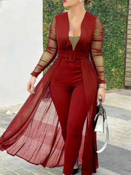 

Elegant Solid One-Pieces Formal Jumpsuit, Wine red, Jumpsuits