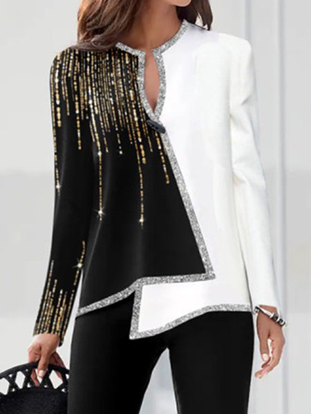

Color Block Asymmetric V Neck Party Long Sleeve Top, White, Blouses & Shirts