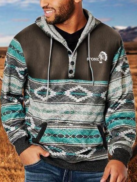 

Men's Folk Pattern Hooded Sweatshirt, Gray, Hoodies