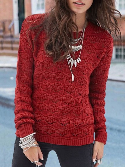 

Plain Long Sleeves Crew Neck Plus Size Casual Women Sweaters, Red, Knitwear & Sweaters