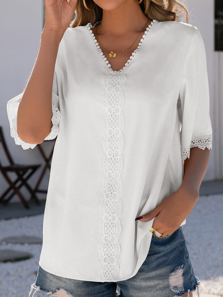 

Lace V Neck Shirts & Tops, White, Tops