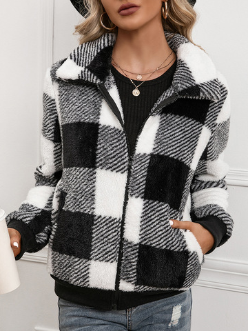 

Checked/Plaid Pockets Outerwear, Black-white, Outerwear
