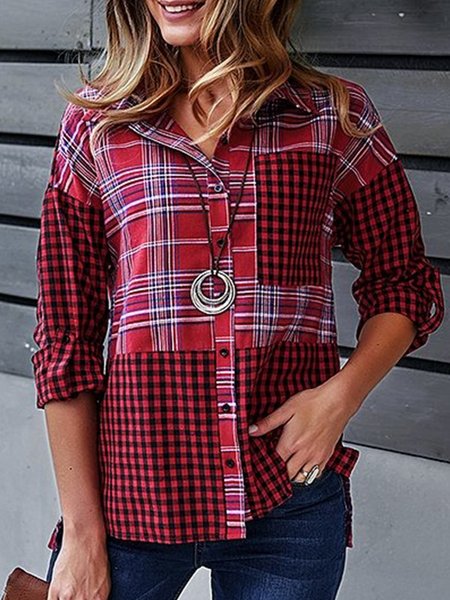 Plaid Patchwork Long Sleeve Plus Size Casual Women Tunic Shirts Tops, Red, Blouses & Shirts