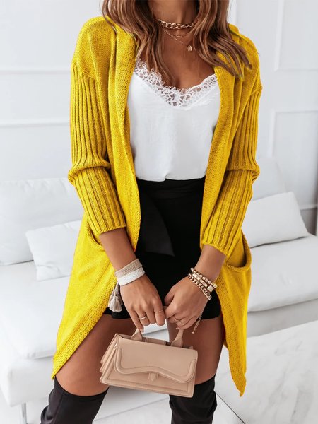

Casual Solid Loosen Long Sleeve Outerwear, Yellow, Cardigans
