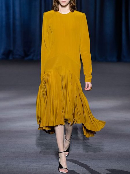 

Crew Neck Loosen Pleated Solid Elegant Dress, Yellow, Midi Dresses